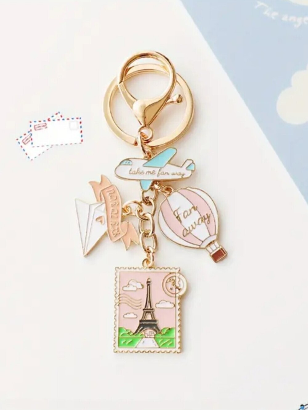 Paris Travel Keychain Eiffel Tower Airplane Hot Air Balloon Charm Keyring